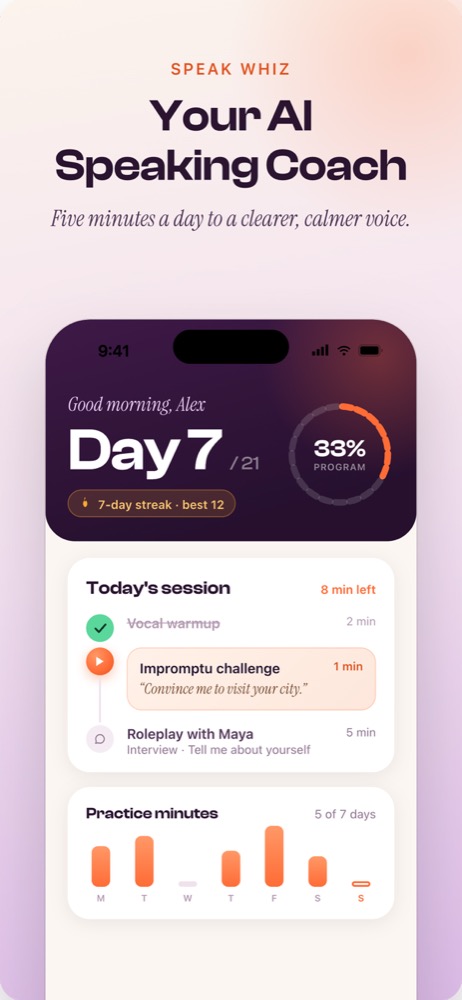 Talk Whiz Today screen showing Day 7 of 21, a 7-day streak, today's session with warmup, impromptu challenge and roleplay, and practice minutes
