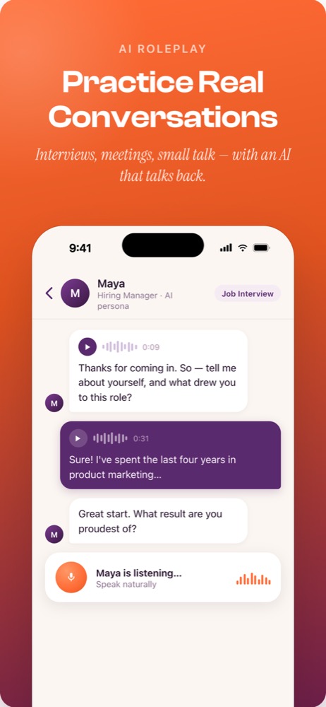 Talk Whiz roleplay conversation with Maya, an AI hiring manager persona, in a job interview scenario