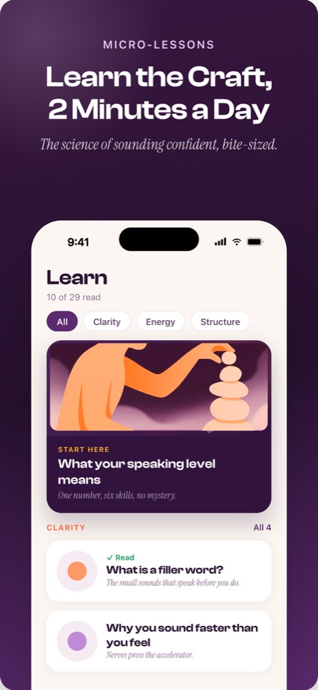 Talk Whiz Learn tab with micro-lessons filtered by clarity, energy and structure