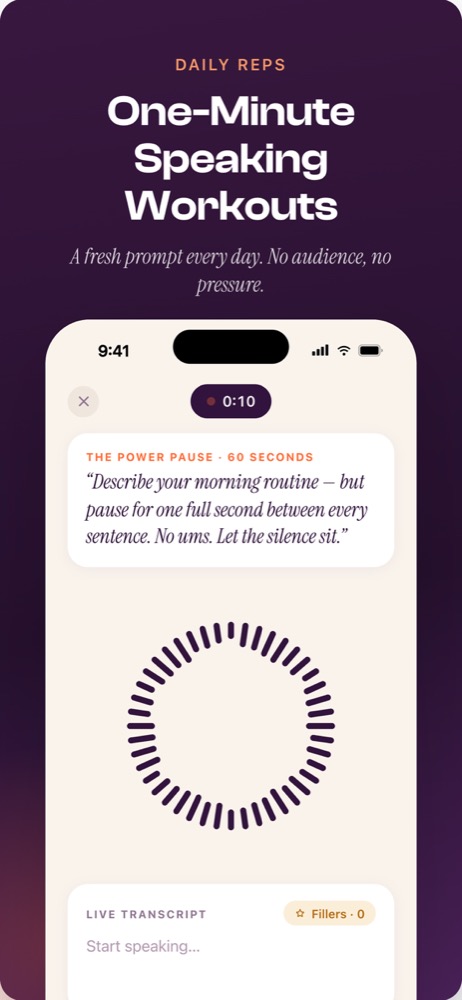 Talk Whiz one-minute speaking workout with a daily prompt, recording timer, live transcript and filler counter